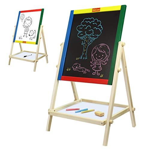  [아마존베스트]Kidzlane Double Sided Wooden Kids Easel - Features Whiteboard and Chalkboard with Built-in Shelf - Art Accessories Included Ages 3+