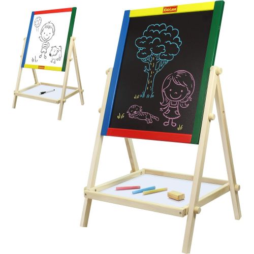  [아마존베스트]Kidzlane Double Sided Wooden Kids Easel - Features Whiteboard and Chalkboard with Built-in Shelf - Art Accessories Included Ages 3+
