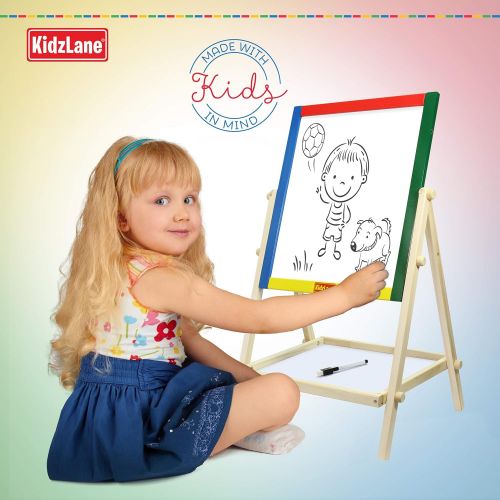  [아마존베스트]Kidzlane Double Sided Wooden Kids Easel - Features Whiteboard and Chalkboard with Built-in Shelf - Art Accessories Included Ages 3+