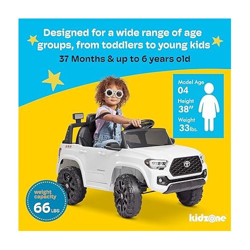  Kidzone 12V Ride on Truck, Battery Powered Licensed Toyota Tacoma Electric Car for Kids, Electric Vehicle Toy with Remote Control, 3 Speeds, MP3, Horn, LED Lights, Suspension System - White