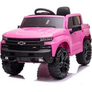 Kidzone 12V Battery Powered Licensed Chevrolet Silverado Trail Boss LT Kids Ride On Truck Car Electric Vehicle Jeep with Remote Control, MP3, LED Lights - Pink