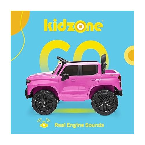  Kidzone 12V Battery Powered Licensed Chevrolet Silverado Trail Boss LT Kids Ride On Truck Car Electric Vehicle Jeep with Remote Control, MP3, LED Lights - Pink