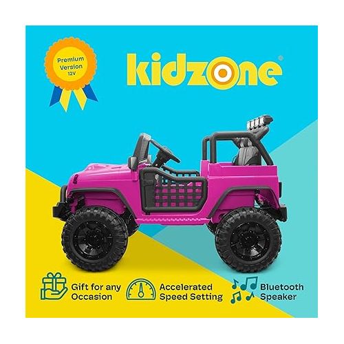  Kidzone 12V 3.8 MPH Kids 2-Seater Ride On Truck Car Electric Vehicles w/Personalize License Plate, 4-Wheeler Suspension, Parent Remote Control, MP3, 3 Speeds, LED Lights, Bluetooth, Radio - Pink