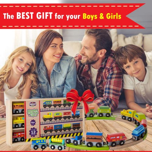  Kidzzy Toys Wooden Train Set 12 PCS Box with Cover - Train Toys Magnetic Set Toy Train Sets for Kids Toddler Gift for Christmas and Birthday for Boys