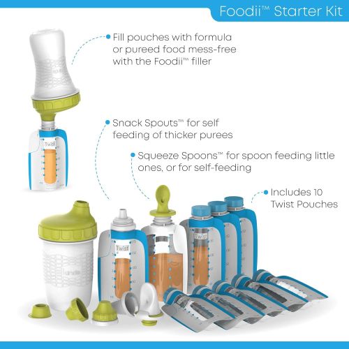  [아마존베스트]Kiinde Foodii Baby Food Storage Starter Kit, Squeeze Pouch and Reusable Spouts Set