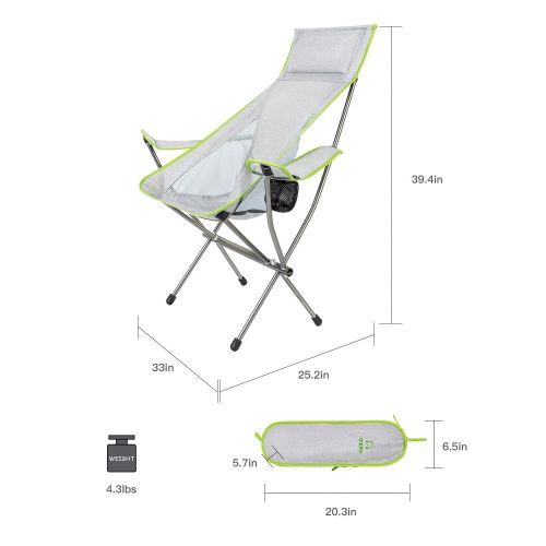  Kikole ATEPA Ultralight Folding Camping Chair(4.3lbs), Lightweight Portable Compact Outdoor Backpacking Chairs with Headrest/Pillow, Armrest, Cup Holder, Carry Bag, Supports Up to 300lbs
