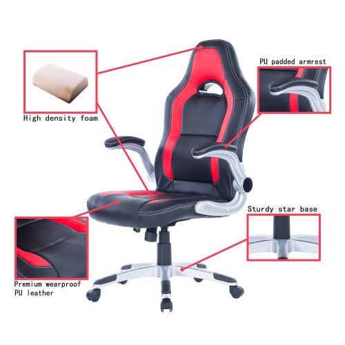  Killbee Large Ergonomic Gaming Chair High Back Swivel Executive Office Chair Adjustable Flip-Up Armrest Leather Bucket Seat (Red)