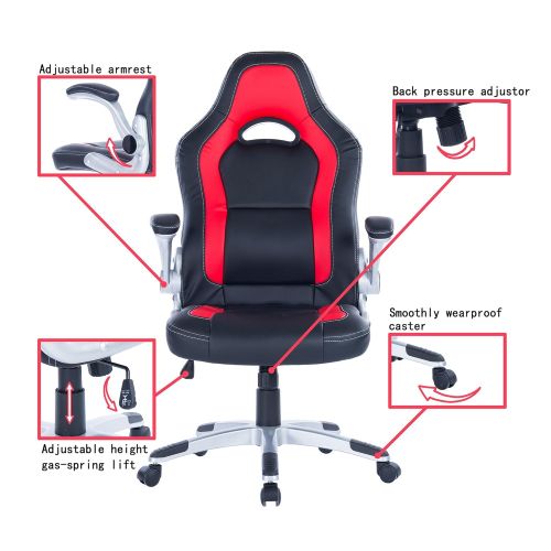  Killbee Large Ergonomic Gaming Chair High Back Swivel Executive Office Chair Adjustable Flip-Up Armrest Leather Bucket Seat (Red)