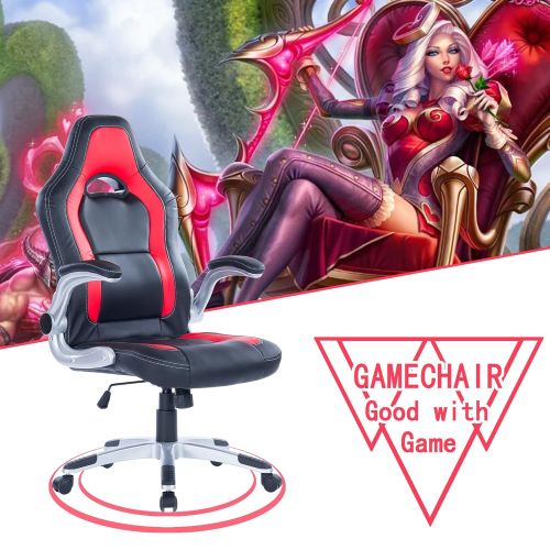  Killbee Large Ergonomic Gaming Chair High Back Swivel Executive Office Chair Adjustable Flip-Up Armrest Leather Bucket Seat (Red)