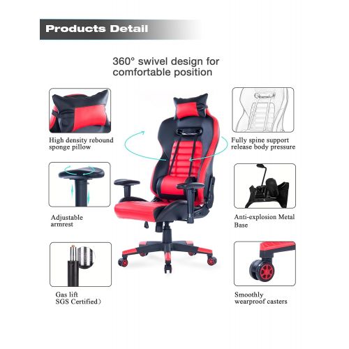  Killbee Large Gaming Chair Ergonomic Reclining Computer Chair High Back Swivel Executive Office Chair, with Headrest and Lumbar Support Desk Chair (Red)