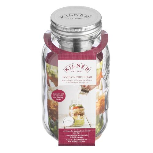  Kilner Food On the Go Jar, Innovative Glass To-go Container with Stainless Steel Condiments Cup and Secure Lid, 24-Fluid Ounces