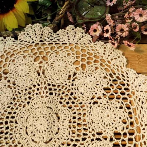  kilofly Crochet Cotton Lace Table Placemats Doilies Value Pack, 4pc, Rosary, Beige, 15 inch