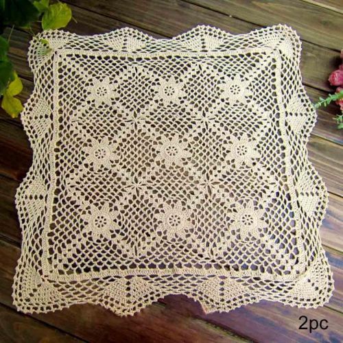  kilofly Handmade Crochet Cotton Lace Table Placemats Sofa Doilies, 2pc, Square, Beige,19.6 inch