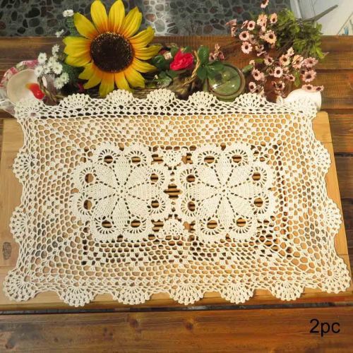  kilofly Crochet Cotton Lace Table Placemats Doilies Set, 2pc, Oblong, Beige,15 x 23 inch