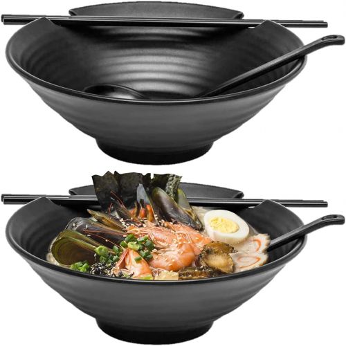  [아마존베스트]Kimi Cuisine 2 Sets of Ramen Bowl (Black Melamine), 6pcs, 37oz Soup Bowls with Chopsticks and Spoons Set