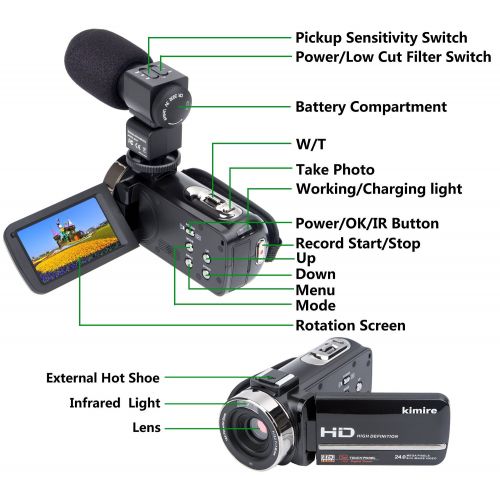  Camcorder Camera,Kimire HD 1080P Camera With Microphone Remote Control Infrared Night Vision 3.0 Inch 270 Degree Rotation Screen 24 MP Megapixels 16XPowerful Digital Zoom Video Rec