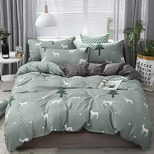  [아마존베스트]Kimko Pine&Elk Bedding Set-Nordic Simplified Style with Pine Tree&Deer Pattern Dark Cover -4Pcs -1 Duvet Cover Set + 1 Flat Sheet + 2 Pillowcases (Twin, Deer)