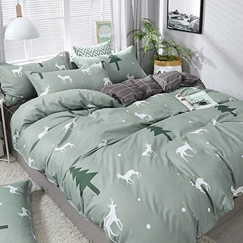  [아마존베스트]Kimko Pine&Elk Bedding Set-Nordic Simplified Style with Pine Tree&Deer Pattern Dark Cover -4Pcs -1 Duvet Cover Set + 1 Flat Sheet + 2 Pillowcases (Twin, Deer)