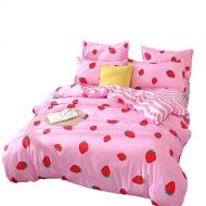 Kimko Kids Strawberry Bedding Set- Girls Reversible Red Strawberry Pattern & Pink Cover -4Pcs -1 Duvet Cover Set + 1 Bed Sheet + 2 Pillowcases (Twin, # Strawberry)