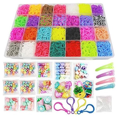  [아마존베스트]Loom Kit, Rubber Bands Refills Set for Kids Bracelet Loom Craft, 10000pcs in 28 Different Colors, 10 Packs S clips, 4 Packs Colorful Beads, 1 Pack Alphabet Beads, 4 Packs Loom Char