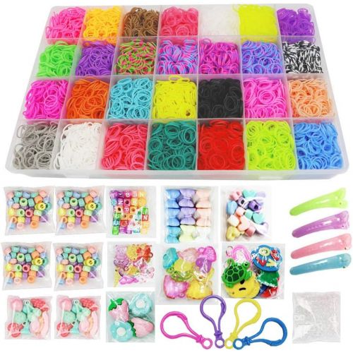  [아마존베스트]Loom Kit, Rubber Bands Refills Set for Kids Bracelet Loom Craft, 10000pcs in 28 Different Colors, 10 Packs S clips, 4 Packs Colorful Beads, 1 Pack Alphabet Beads, 4 Packs Loom Char