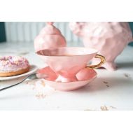 /KinaCeramics Alice in Wonderland Teacup Gold Rimmed, Quirky Teacup, Pink Coffee Cup, Wonky Teacup