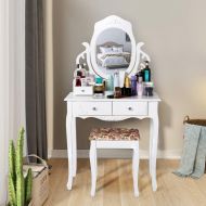 Kinbor Vanity Set with Mirror & Cushioned Stool Makeup Dressing Table Vanity Set, White (Round Mirror 4 Organization Drawers)