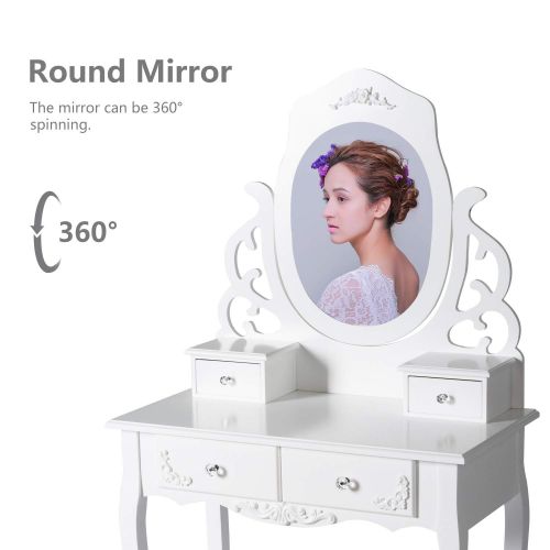  Kinbor Vanity Set with Mirror & Cushioned Stool Makeup Dressing Table Vanity Set, White (Round Mirror 4 Organization Drawers)