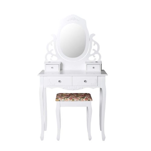  Kinbor Vanity Set with Mirror & Cushioned Stool Makeup Dressing Table Vanity Set, White (Round Mirror 4 Organization Drawers)