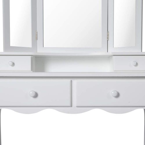  Kinbor Vanity Beauty Station Makeup Table Cushioned Wooden Stool Vanity Makeup Dressing Table with Tri-Folding Mirrors and 4 Organization Drawers Set, White