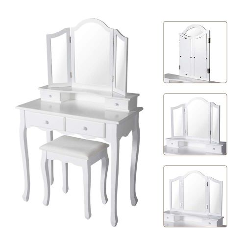  Kinbor Vanity Beauty Station Makeup Table Cushioned Wooden Stool Vanity Makeup Dressing Table with Tri-Folding Mirrors and 4 Organization Drawers Set, White