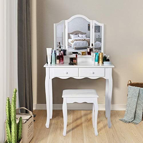  Kinbor Vanity Beauty Station Makeup Table Cushioned Wooden Stool Vanity Makeup Dressing Table with Tri-Folding Mirrors and 4 Organization Drawers Set, White