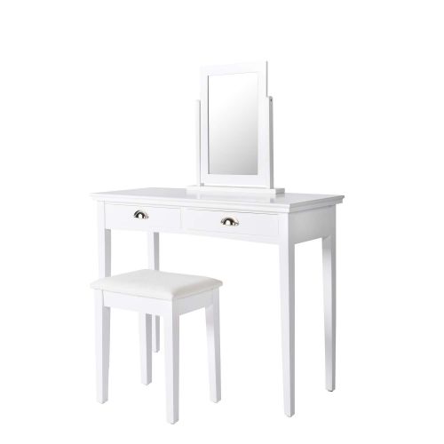  Kinbor Vanity Set with Mirror & Cushioned Stool Makeup Dressing Table Vanity Set, White (Rectangle Mirror 2 Organization Drawers)