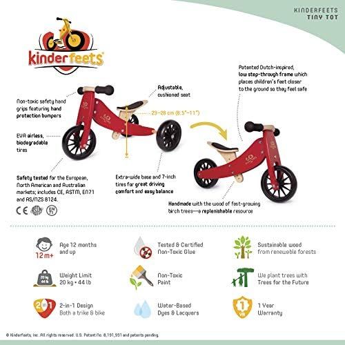  Kinderfeets TinyTot 2-in-1 Wooden Balance Bike and Tricycle - Easily Convert from Bike to Trike Sustainable and Eco-Friendly Adjustable Riding Balance Toy for Kids and Toddlers (Ch