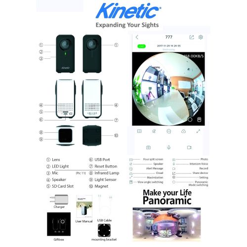  Kinetic Brand Revolutionary Streaming HD Video 720 Dual Lens Panoramic Cam Infrared Sensor Night Vision Low Light Capture Dual Lens Technology VR Mode Use for Home Office Elderly F