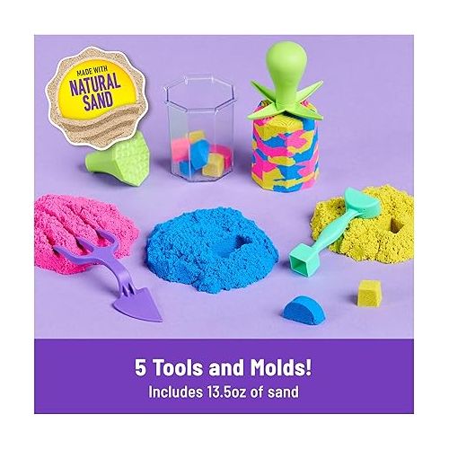  Kinetic Sand, Squish N’ Create Playset, with 13.5oz of Blue, Yellow, and Pink Play Sand, 5 Tools, Sensory Toys for Kids Ages 3 and Up