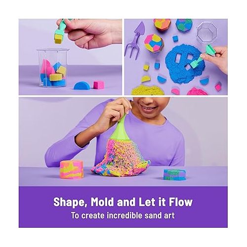  Kinetic Sand, Squish N’ Create Playset, with 13.5oz of Blue, Yellow, and Pink Play Sand, 5 Tools, Sensory Toys for Kids Ages 3 and Up