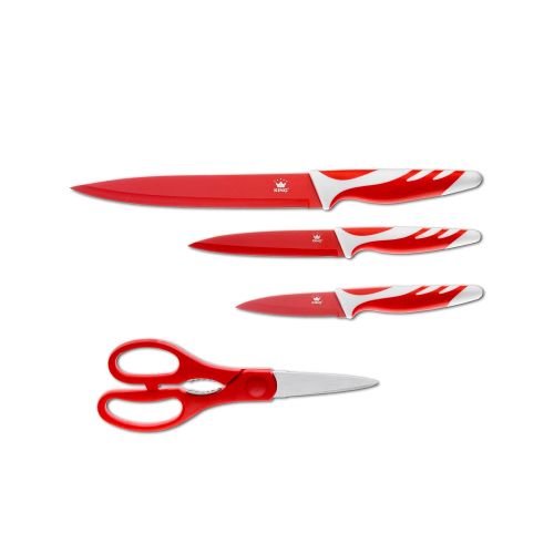  King Messerset red, 5-teilig aus 3 Messern, 1 Schneidebrett, 1 Schere, Antibakterielle Ausstattung, rot, rutschfest