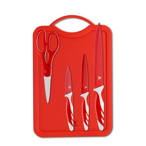  King Messerset red, 5-teilig aus 3 Messern, 1 Schneidebrett, 1 Schere, Antibakterielle Ausstattung, rot, rutschfest