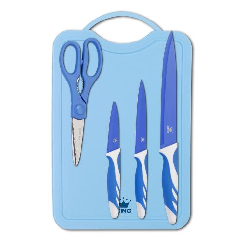  King Messerset Ocean, 5-teilig aus 3 Messern, 1 Schneidebrett, 1 Schere, Antibakterielle Ausstattung, blau, rutschfest