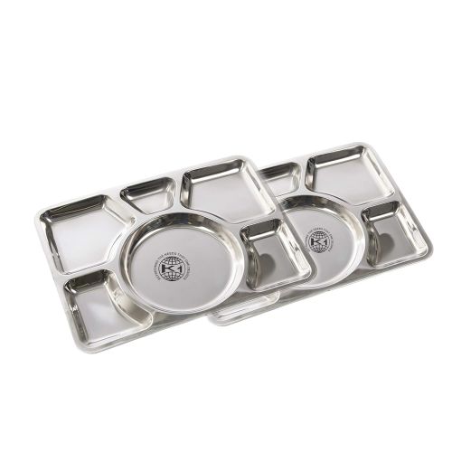  King International 100% Stainless Steel Six in one Dinner Plate Six sections divided plate Six section plate -Set of 2 Mess Trays Great for Camping, 37 cm