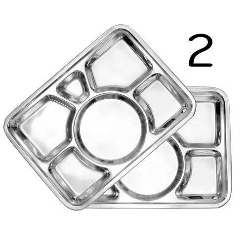  King International 100% Stainless Steel Six in one Dinner Plate Six sections divided plate Six section plate -Set of 2 Mess Trays Great for Camping, 37 cm