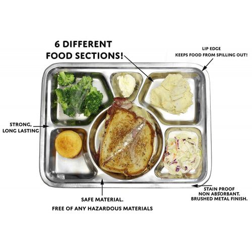  King International 100% Stainless Steel Six in one Dinner Plate Six sections divided plate Six section plate -Set of 6 Mess Trays Great for Camping, 39.5 cm