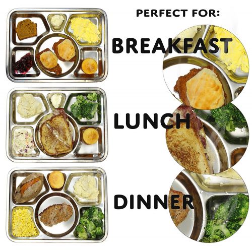  King International 100% Stainless Steel Six in one Dinner Plate Six sections divided plate Six section plate -Set of 4 Mess Trays Great for Camping, 39.5 cm
