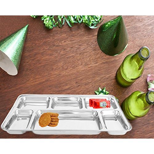 King International 100% Stainless Steel Six in one Dinner Plate Six sections divided plate Six section plate -Set of 2 Mess Trays Great for Camping, 36.8 cm