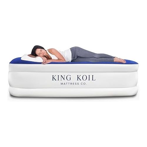  King Koil Luxury Full Size Air Mattress with Built-in Pump for Home, Camping & Guests, Inflatable Airbed Luxury Double High Blow Up Bed, Durable, Portable and Waterproof, 1-Year Manufacturer Warranty