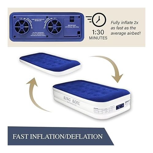  King Koil Luxury Twin Air Mattress with Built-in High Speed Pump for Camping, Home & Guests - Twin Size Double High Airbed Luxury Inflatable Blow Up Mattress Waterproof