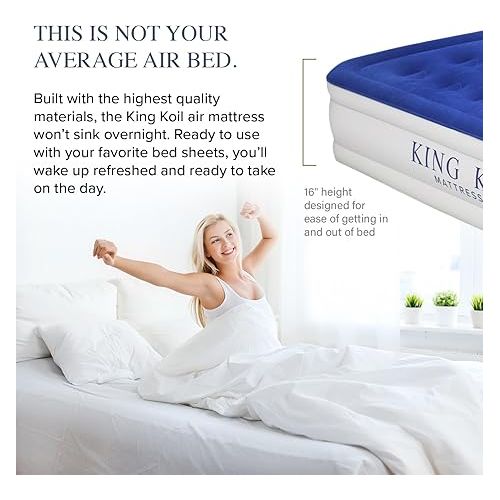  King Koil Luxury Twin Air Mattress with Built-in High Speed Pump for Camping, Home & Guests - Twin Size Double High Airbed Luxury Inflatable Blow Up Mattress Waterproof