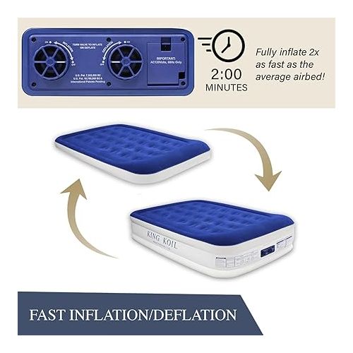  King Koil Luxury Air Mattress 16in Full Size Blue with Built-in Pump for Home, Camping & Guests-Inflatable Airbed Luxury Double High Adjustable Blow Up Mattress, Durable - Portable and Waterproof.