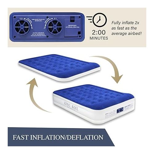  King Koil Luxury Pillow Top Plush Queen Air Mattress With Built-in High-Speed Pump Best For Home, Camping, Guests, 20